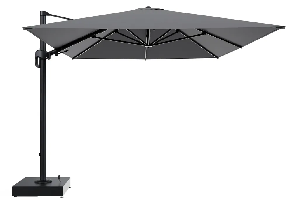 Rufina zweefparasol met tiltfunctie in zwart aluminium en Natte Charcoal Chine All Weather Sunbrella® Luxe parasoldoek - L1 400 x L2 300 cm met parasolvoet Minore 150 kg met wielen Shop Nu