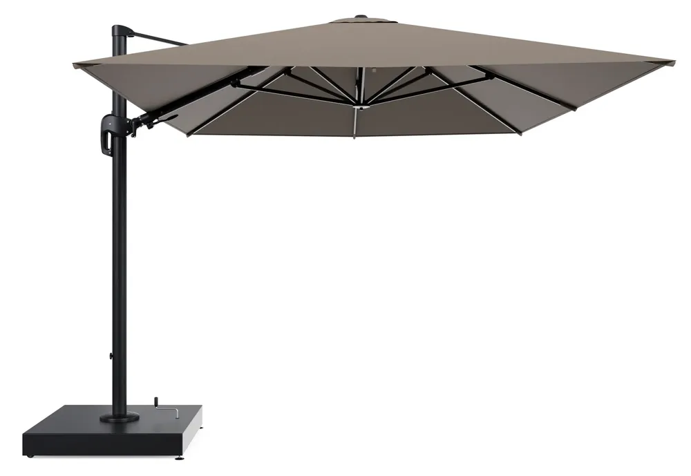 Rufina zweefparasol met tiltfunctie in zwart aluminium en Natte Heather Grey All Weather Sunbrella® Luxe parasoldoek - L1 400 x L2 300 cm met parasolvoet Minore 260 kg met wielen Premium