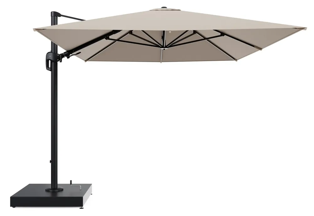 Lage Prijs Rufina zweefparasol met tiltfunctie in zwart aluminium en Natte Heather beige All Weather Sunbrella® Luxe parasoldoek - L1 400 x L2 300 cm met parasolvoet Minore 260 kg met wielen