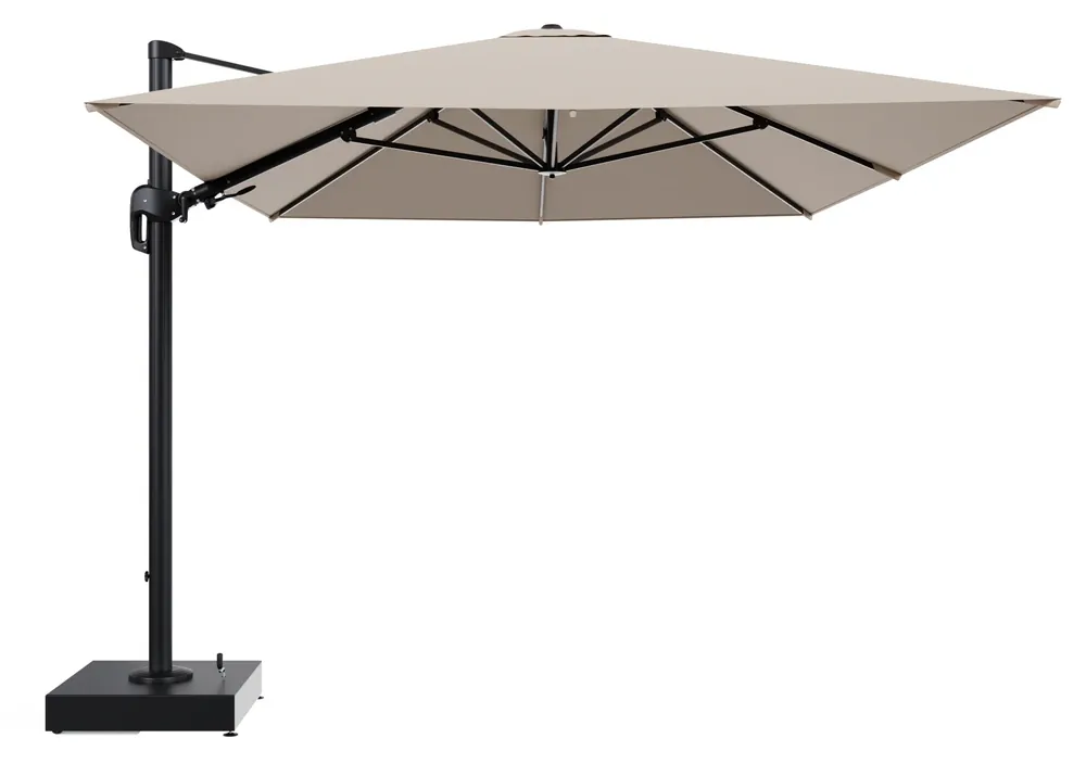 Goedkoop Rufina zweefparasol met tiltfunctie in zwart aluminium en Natte Heather beige All Weather Sunbrella® Luxe parasoldoek - L1 400 x L2 300 cm met parasolvoet Minore 150 kg met wielen
