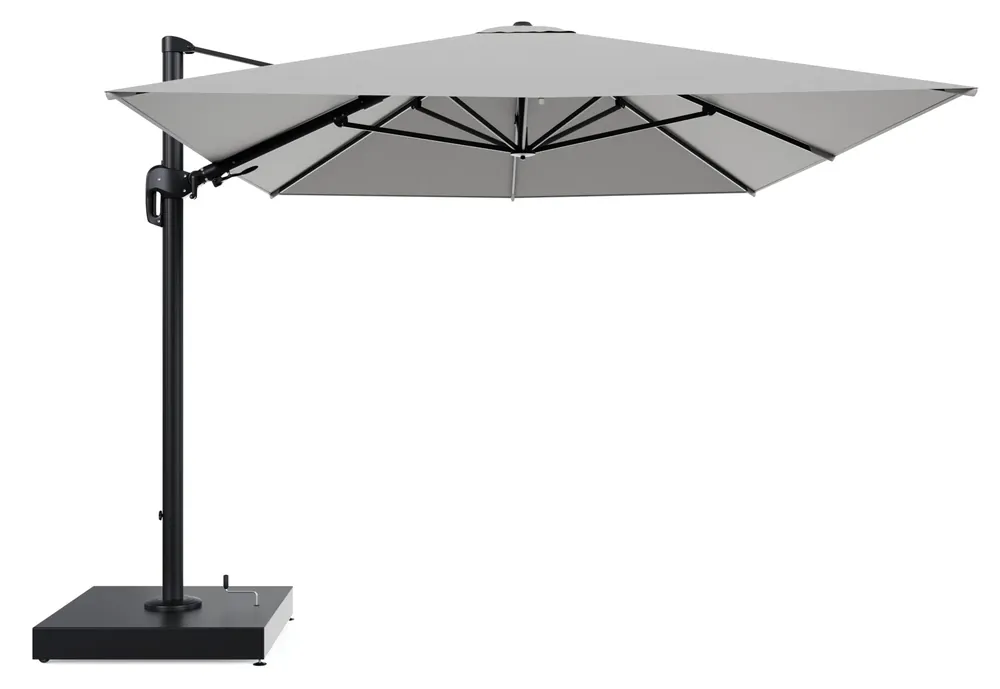 Laatste Versie Rufina zweefparasol met tiltfunctie in zwart aluminium en Savane Grey All Weather Sunbrella® Luxe parasoldoek - L1 400 x L2 300 cm met parasolvoet Minore 260 kg met wielen