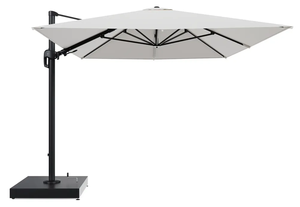 Rufina zweefparasol met tiltfunctie in zwart aluminium en Savane White All Weather Sunbrella® Luxe parasoldoek - L1 400 x L2 300 cm met parasolvoet Minore 260 kg met wielen Veilige Betaling