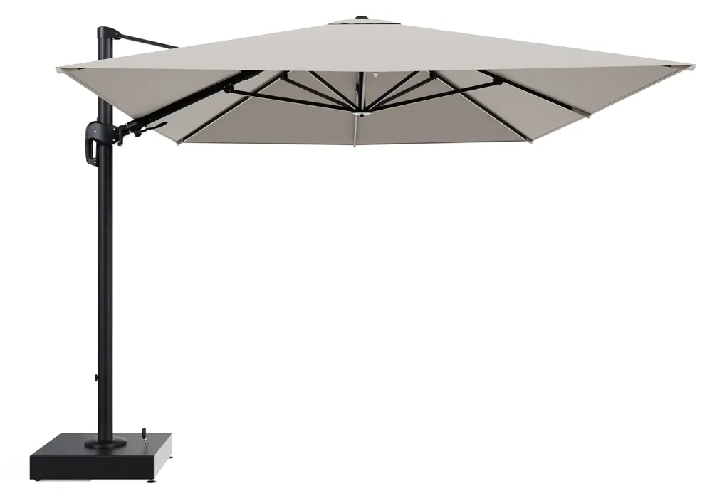 Koop Online Rufina zweefparasol met tiltfunctie in zwart aluminium en Lopi Sand All Weather Sunbrella® Luxe parasoldoek - L1 400 x L2 300 cm met parasolvoet Minore 150 kg met wielen