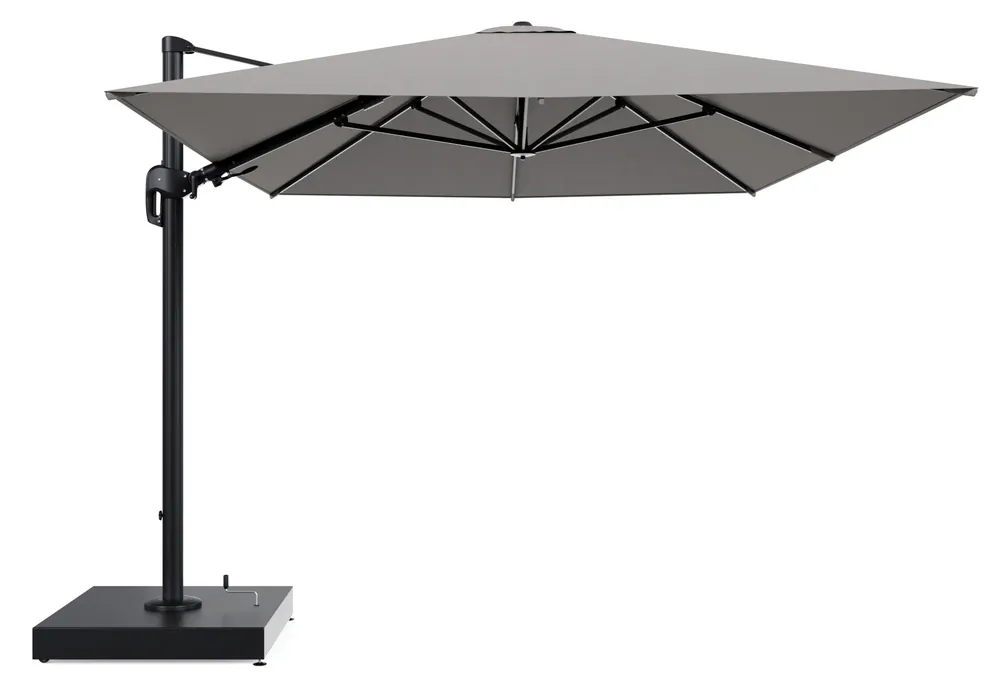 Bestel Nu Rufina zweefparasol met tiltfunctie in zwart aluminium en Lopi Silver All Weather Sunbrella® Luxe parasoldoek - L1 400 x L2 300 cm met parasolvoet Minore 260 kg met wielen