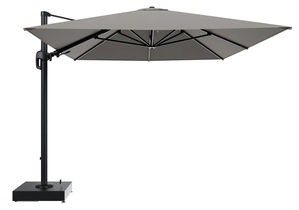 Aanbieding Rufina zweefparasol met tiltfunctie in zwart aluminium en Lopi Charcoal All Weather Sunbrella® Luxe parasoldoek - L1 400 x L2 300 cm met parasolvoet Minore 150 kg met wielen