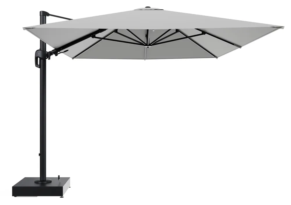 Tijdelijk Beschikbaar Rufina zweefparasol met tiltfunctie in zwart aluminium en Savane Nimbus All Weather Sunbrella® Luxe parasoldoek - L1 400 x L2 300 cm met parasolvoet Minore 150 kg met wielen