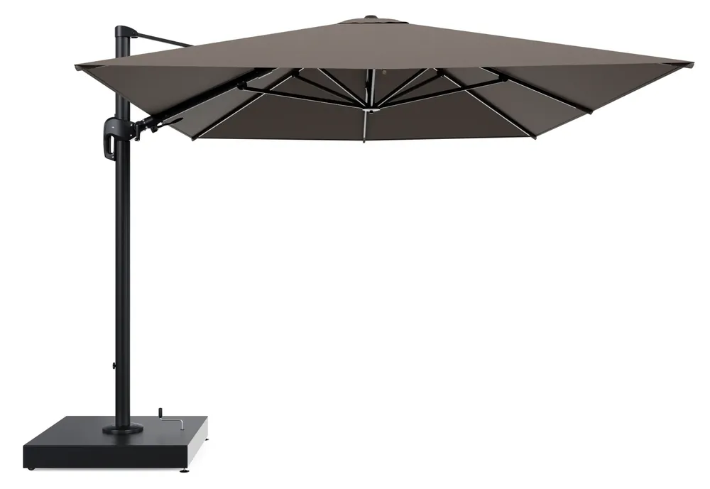 Koopje Rufina zweefparasol met tiltfunctie in zwart aluminium en Lopi Coconut All Weather Sunbrella® Luxe parasoldoek - L1 400 x L2 300 cm met parasolvoet Minore 260 kg met wielen