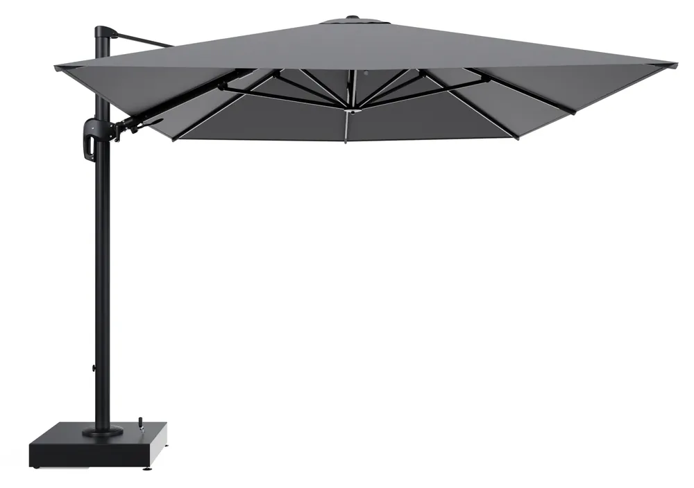 Rufina zweefparasol met tiltfunctie in zwart aluminium en Heritage Slate All Weather Sunbrella® Luxe parasoldoek - L1 400 x L2 300 cm met parasolvoet Minore 150 kg met wielen Laatste Kans